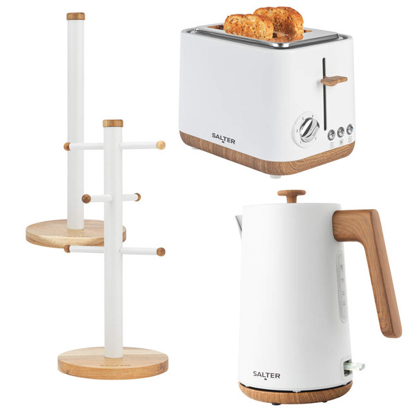 Salter white and wood effect kettle, toaster with toast, and mug tree set