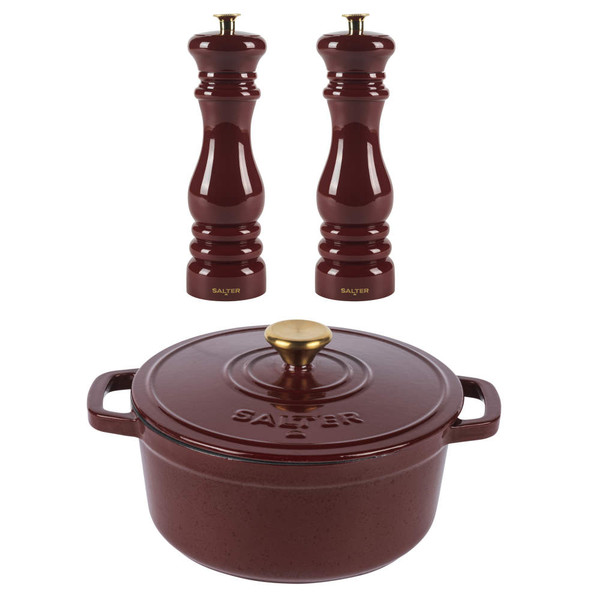 Set of two burgundy Salter grinders with matching casserole pot and gold knobs.