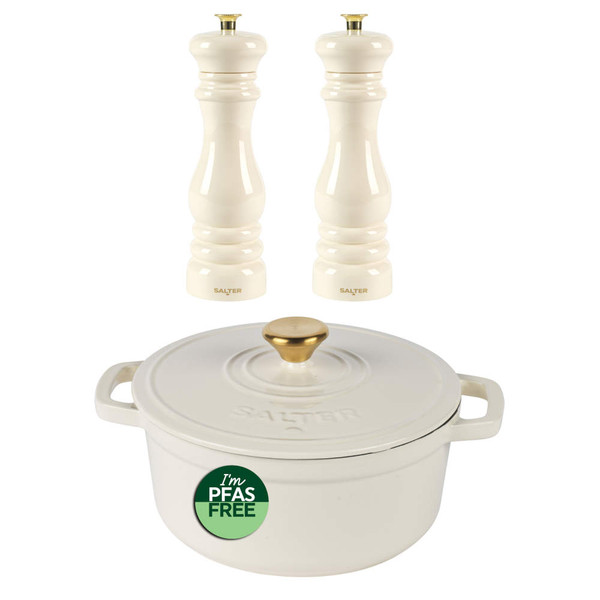 Set of cream salt and pepper mills with matching PFAS-free casserole dish