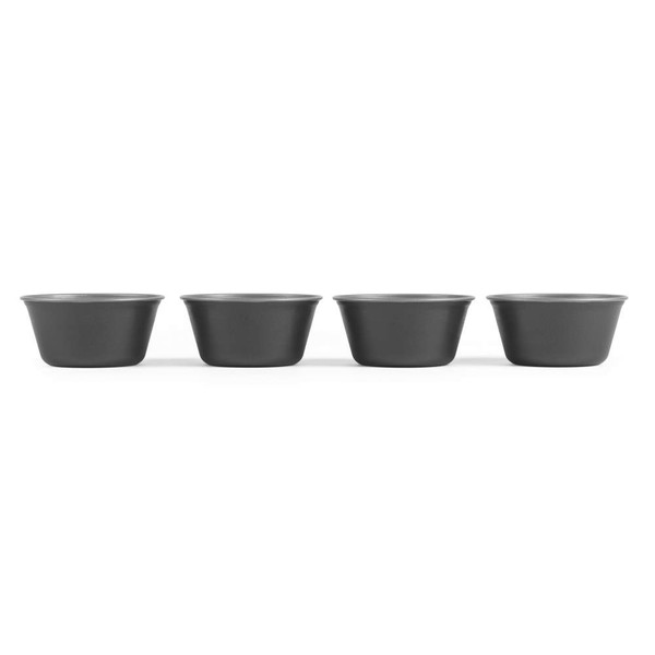 Set of four grey ramekins displayed side by side, suitable for baking or serving.