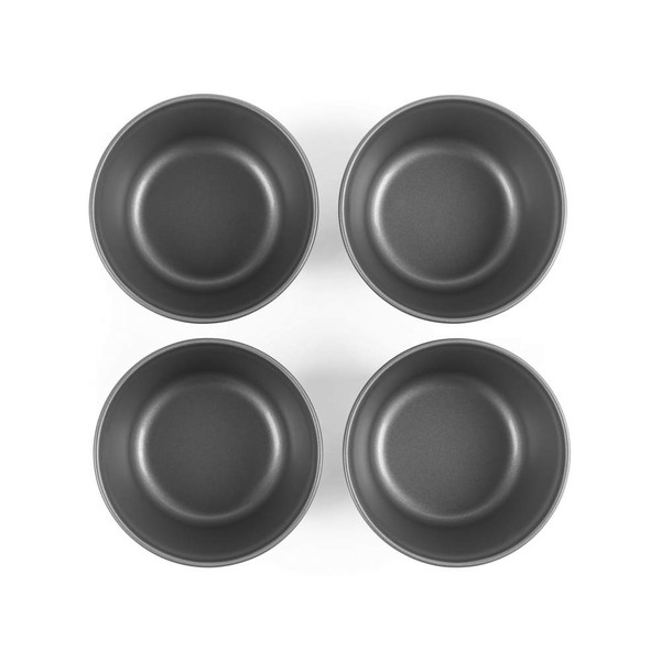 Set of four grey non-stick pudding basins, shown top down.
