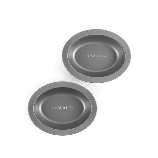 Set of two grey non-stick pie tins, embossed with Salter branding, top-down view.
