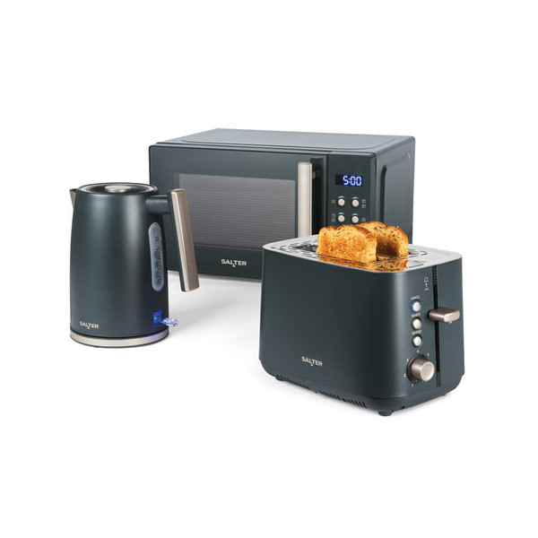 Salter grey kettle, toaster with toasted bread, and microwave kitchen set