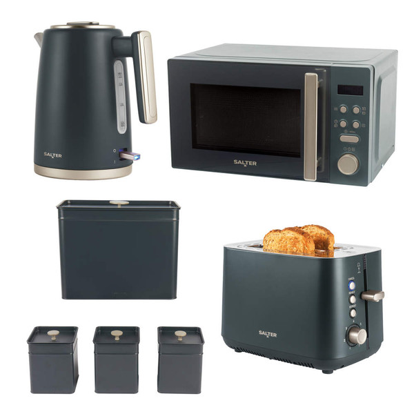 Set of Salter matte dark green kitchen appliances and storage: kettle, microwave, toaster with toast, bread bin, tea, coffee, sugar canisters.
