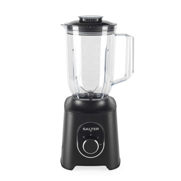 Black jug blender with clear measuring jug, shown front view