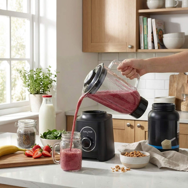 Black Salter blender pouring berry smoothie into glass jar in kitchen