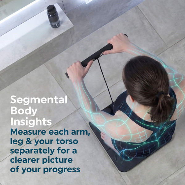 Overhead view of a person using a body composition scale with highlighted limbs.
