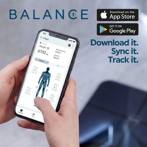 Promotional banner for BALANCE app showing weight tracking on smartphone; App Store and Google Play logos.