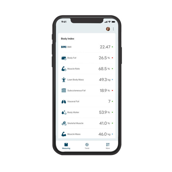 Mobile app screen showing body index metrics including BMI, body fat and muscle rate