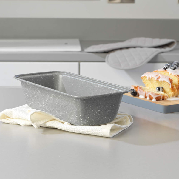 Grey speckled loaf tin on kitchen counter