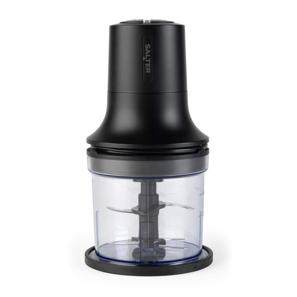 Black food chopper with clear bowl, shown upright