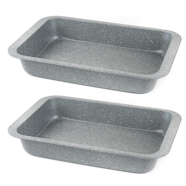 Set of two grey speckled non-stick roasting tins, rectangular, shown angled.