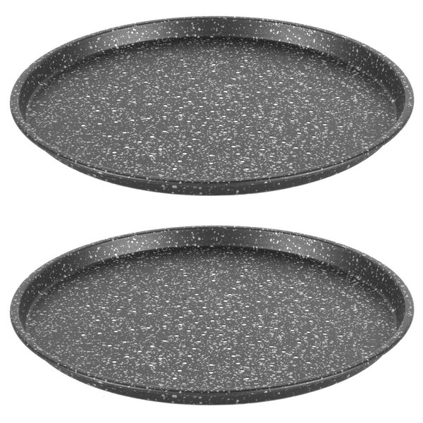 Set of two round black oven trays with white speckle finish