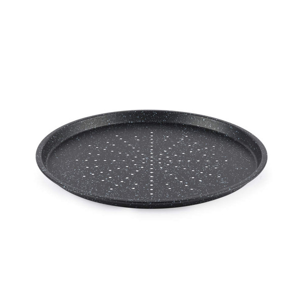 Black perforated pizza tray with white flecks, shown empty on a white background
