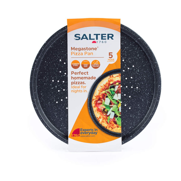 Black non-stick pizza pan with perforated surface, Salter Megastone range, shown in packaging.