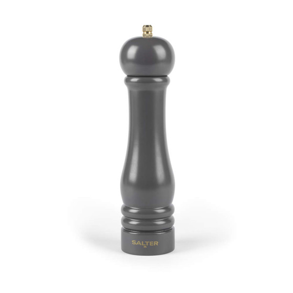 Grey wooden pepper mill with gold knob, upright on white background