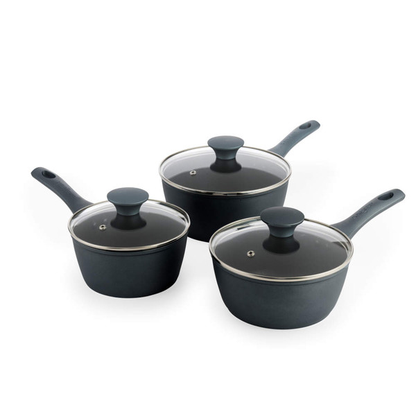 Set of three grey saucepans with glass lids, shown for product listing