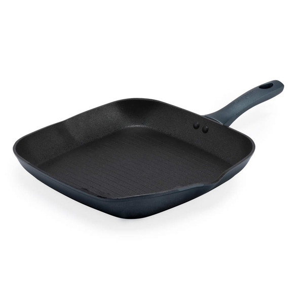 Square blue non-stick grill pan with handle, shown at an angle