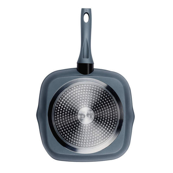 Square blue non-stick frying pan shown base up with metal induction plate and handle.