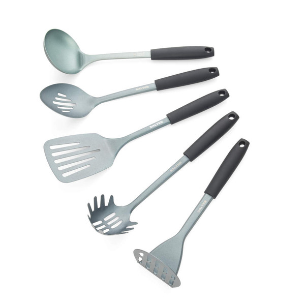 Set of five blue-grey kitchen utensils with black handles, including ladle, slotted spoon, slotted turner, spaghetti spoon, and masher.