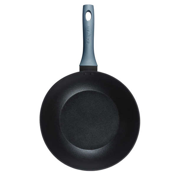 Non-stick black frying pan with blue handle, top view