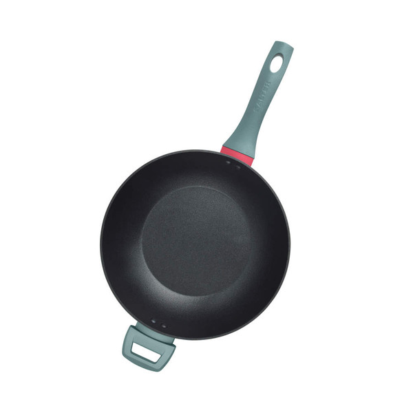 Non-stick black wok with teal handles, overhead view