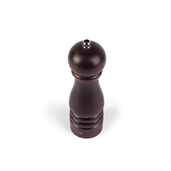 Dark wood pepper mill with metal knob, upright on white background