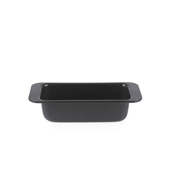 Black rectangular baking tin seen from the side, suitable for cakes or loaves