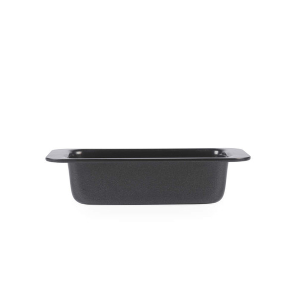 Rectangular non-stick black roasting tin shown side view