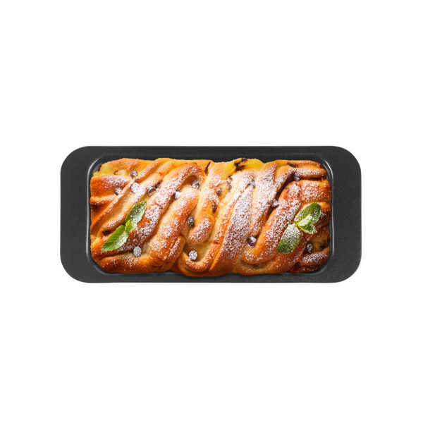 Chocolate chip sweet loaf dusted with sugar, baked in a non-stick loaf tin, top view