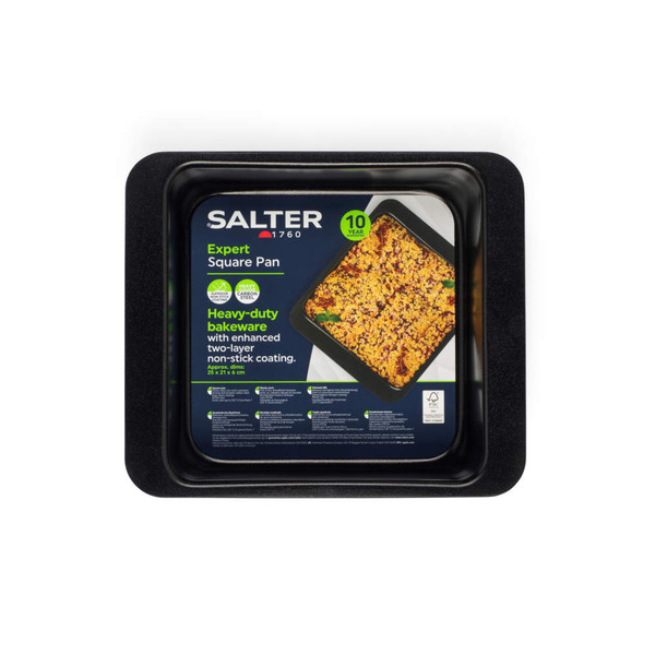 Salter heavy-duty non-stick square baking pan in black, packaged, top view