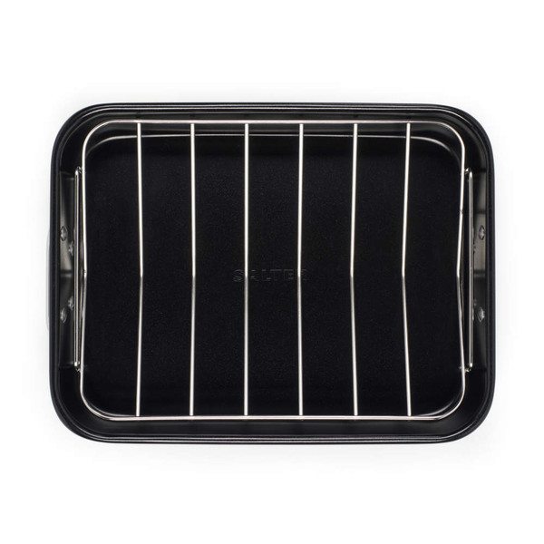 Black roasting tin with silver wire rack, shown from above