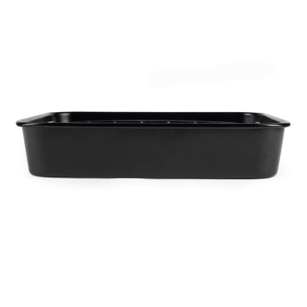 Black non-stick rectangular baking tray, shown from the side on white background