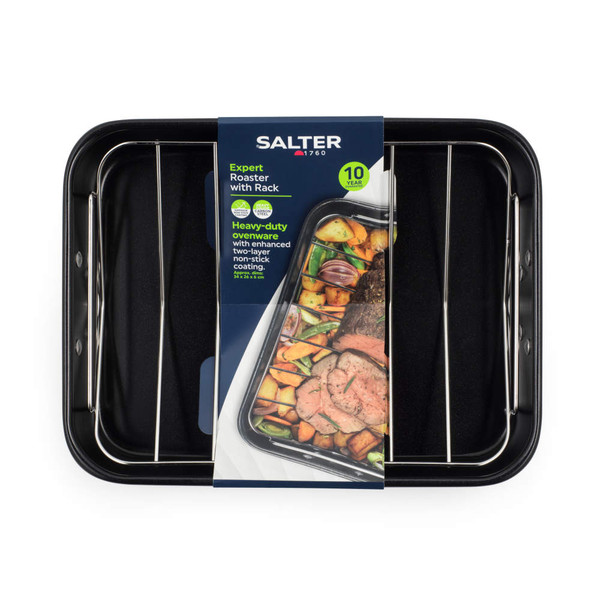 Black non-stick roasting tin with rack, in packaging, Salter brand, 34 x 26 cm.