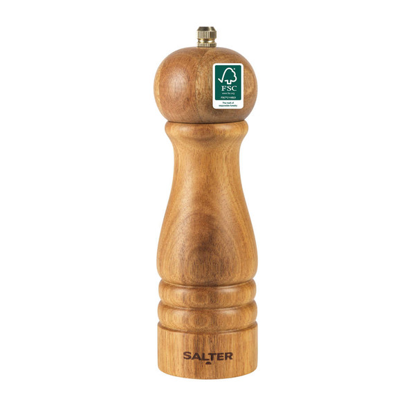 Acacia wood pepper mill with FSC eco label, natural finish, upright on white background