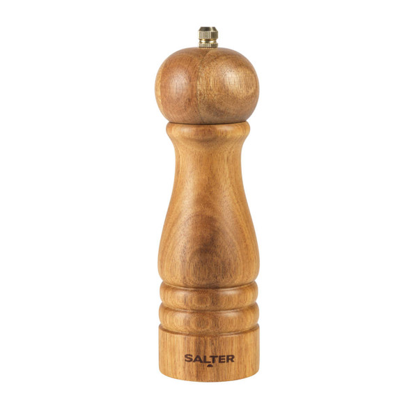 Acacia wood pepper mill with SALTER branding, shown upright on white background