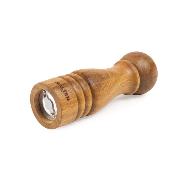 Acacia wood manual pepper mill with Salter logo, angled view