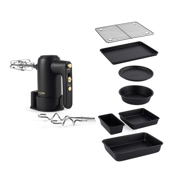 Black hand mixer with beaters and dough hooks, plus seven non-stick bakeware pieces.