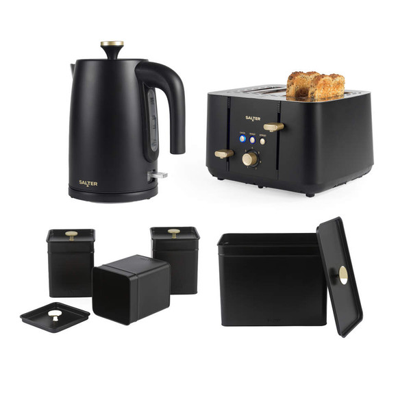 Black kettle, toaster and storage canisters set with gold accents, shown on white background