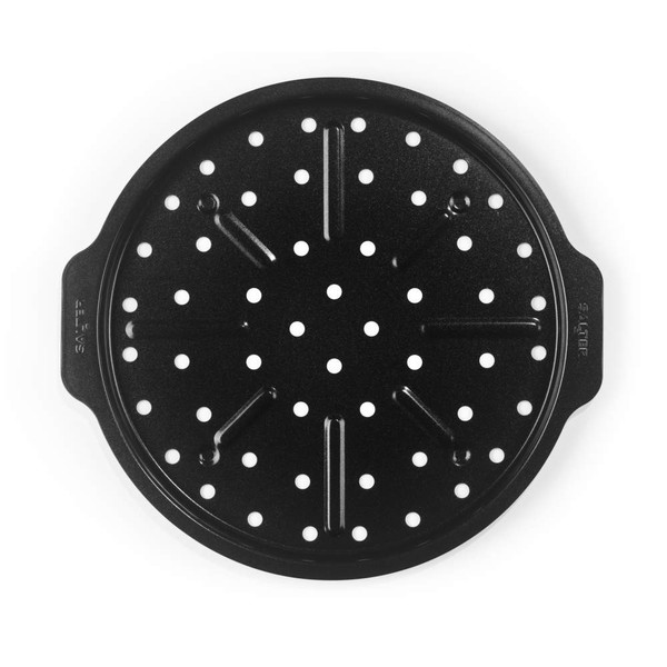 Black pizza crisper tray with perforated base, shown from above