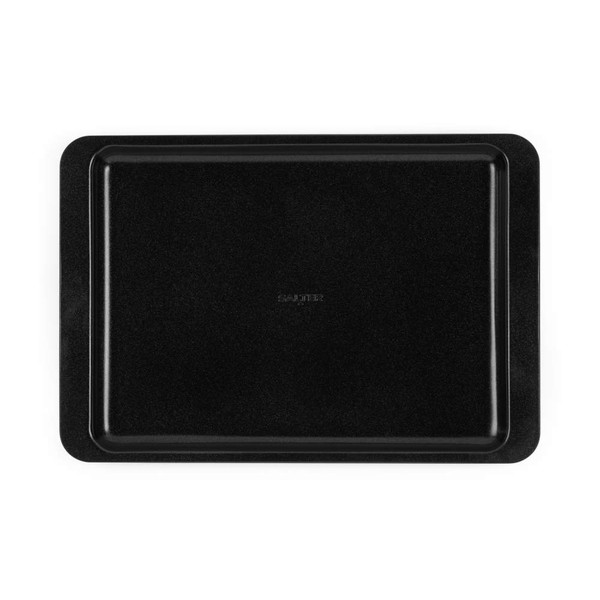 Black non-stick baking tray shown flat from above