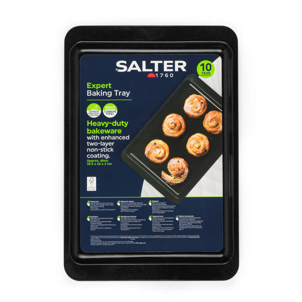Black carbon steel baking tray in retail packaging with Salter branding