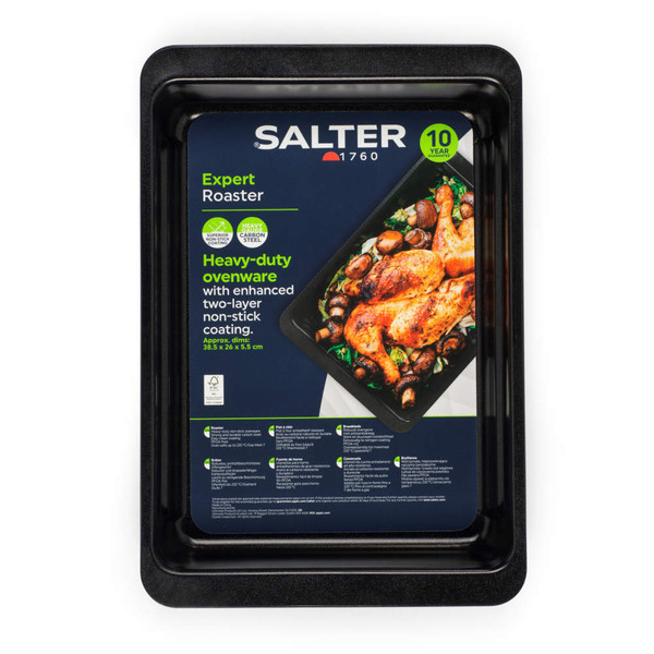 Black heavy-duty oven roasting tray with two-layer non-stick coating, shown in retail packaging