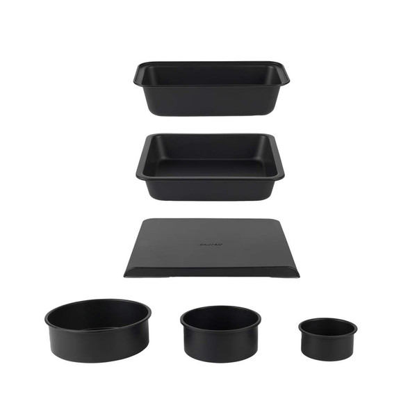 Set of six black non-stick bakeware tins in assorted sizes on white background