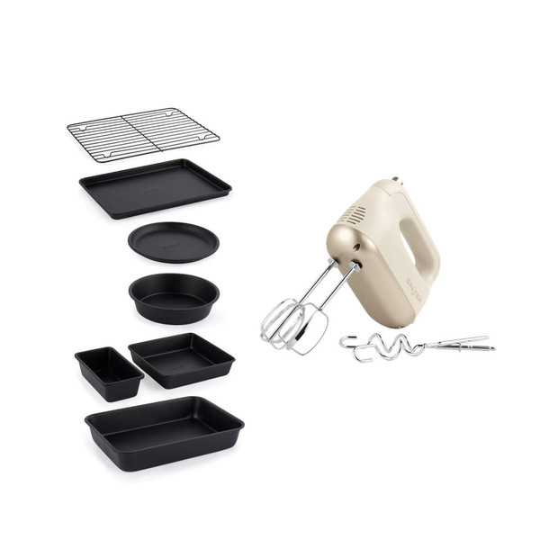 Baking set with black tins, wire rack, and cream hand mixer with attachments
