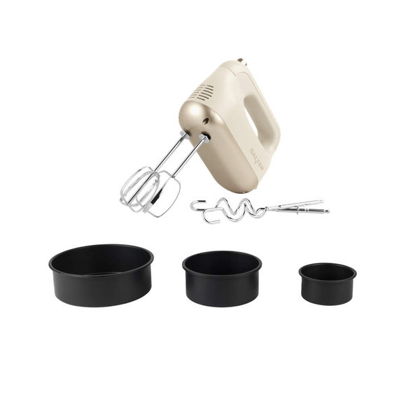 Cream hand mixer with beaters, dough hooks and three black baking tins