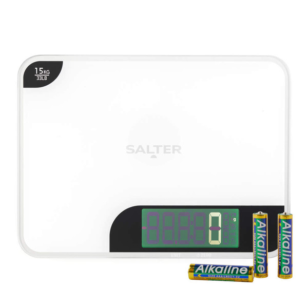 White digital kitchen scale with large display and three AAA batteries