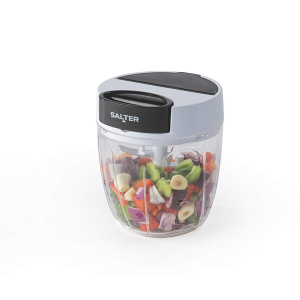 Manual food chopper with clear bowl and mixed vegetables, Salter branding on lid