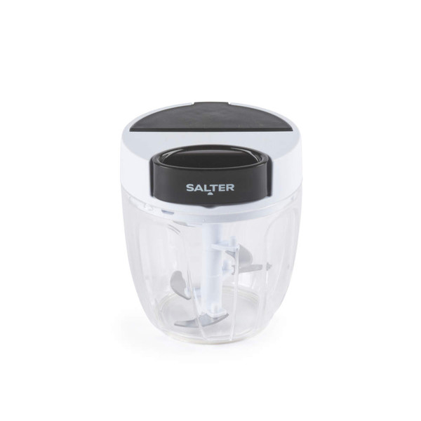 Salter manual food chopper in black and white, shown upright with visible blades.