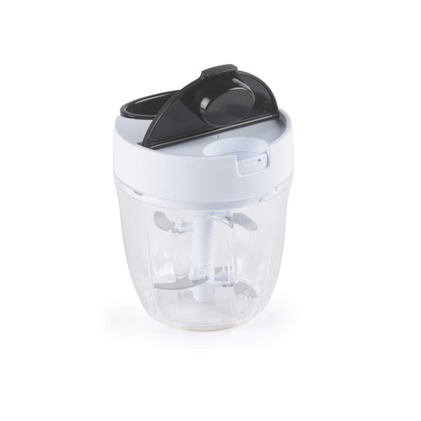 Manual food chopper with clear bowl and black lid, shown on white background